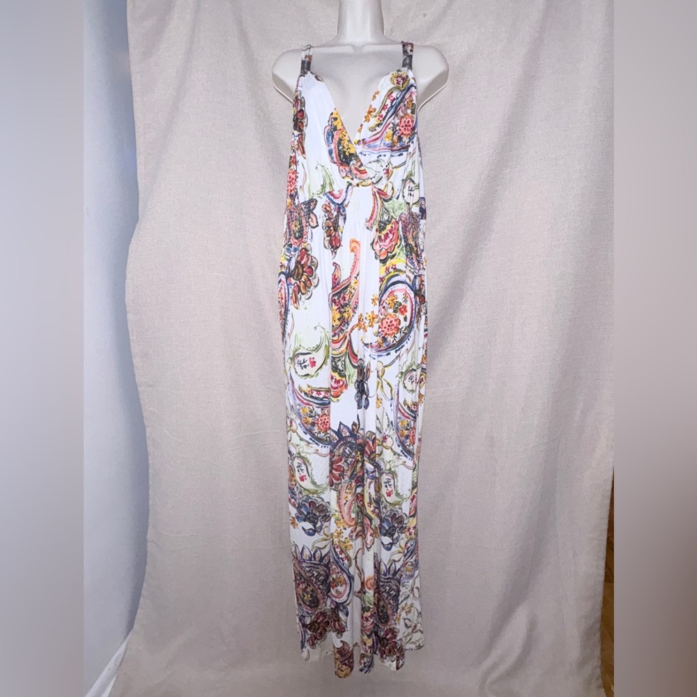 Venus Paisley Maxi Dress Size L White Multicolor Sleeveless Spaghetti Strap